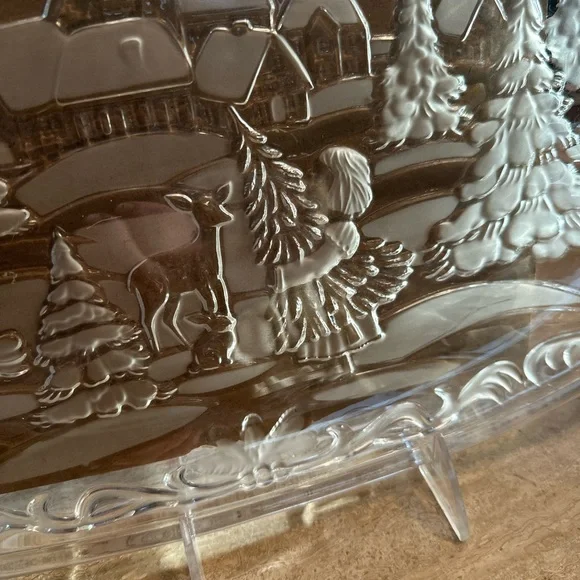 Clear Glass Winter Scene Girl with Christmas Tree and Deer Cookies Platter - Picture 10 of 10